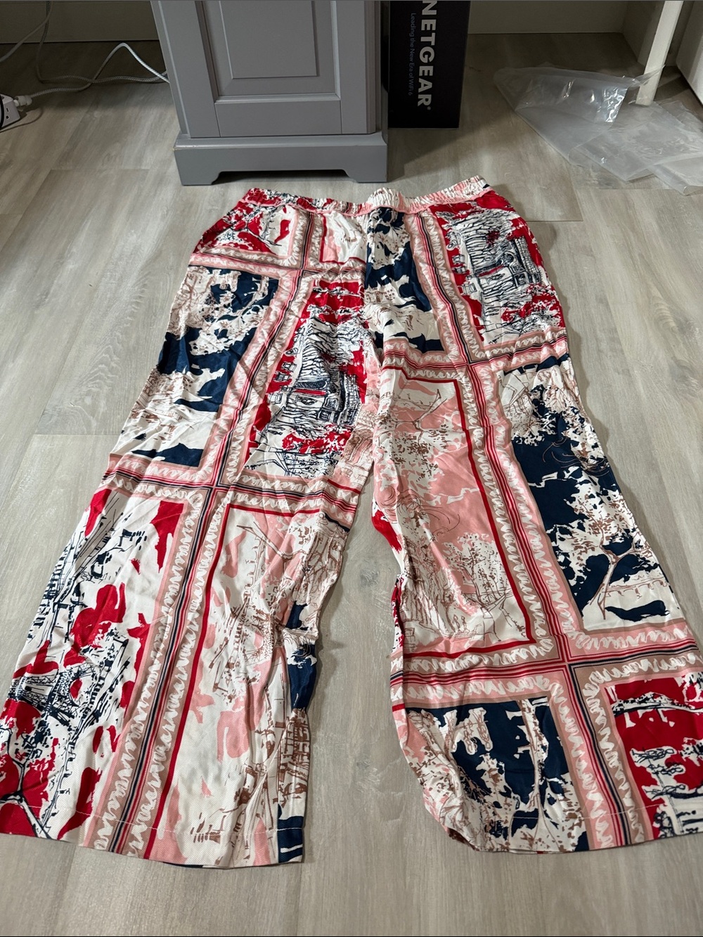 Maeve Patchwork Elastic-Waist Pants in Navy Red Blush size large